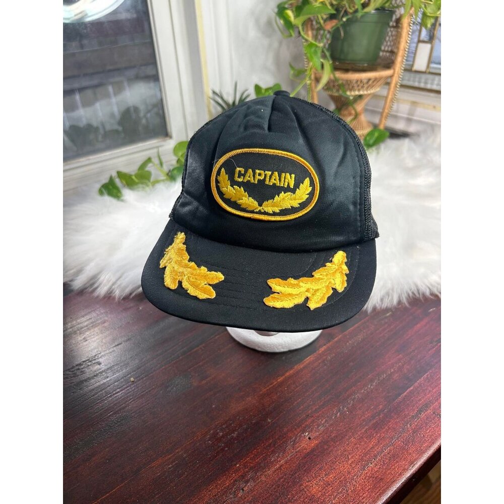 Vintage Captain Trucker Hat Boating Adjustable Baseball Cap Black Snapback Mesh